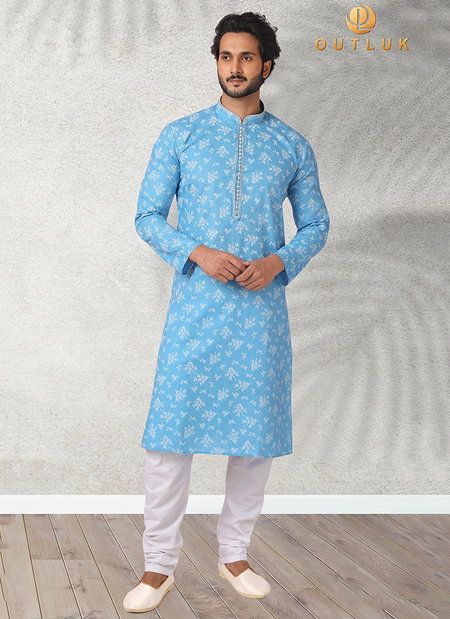 Sky Blue Colour Outluk Vol 44 Function Wear Pure Cotton With Digital Print Kurta Pajama Mens Collection 44002
